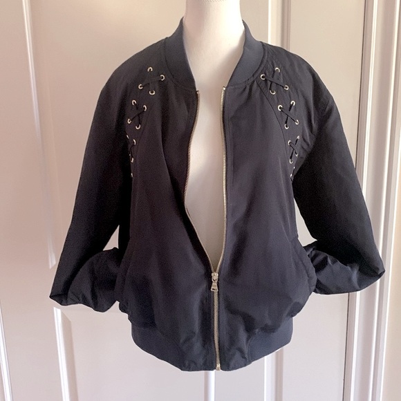Express bomber jacket navy with gold zipper and lace-up  detail on shoulders - Picture 4 of 8